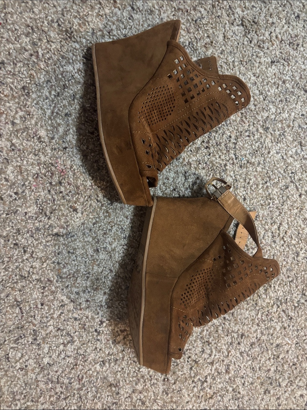 Brown Suede Laser-Cut Peep-Toe Heels - Picture 2 of 3